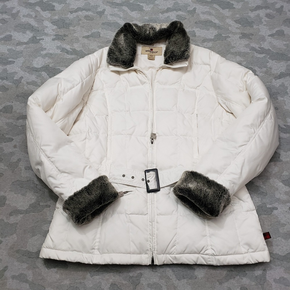 Woolrich Jacket Womens Large White Duck‎ Down Full Zip Pockets Fur